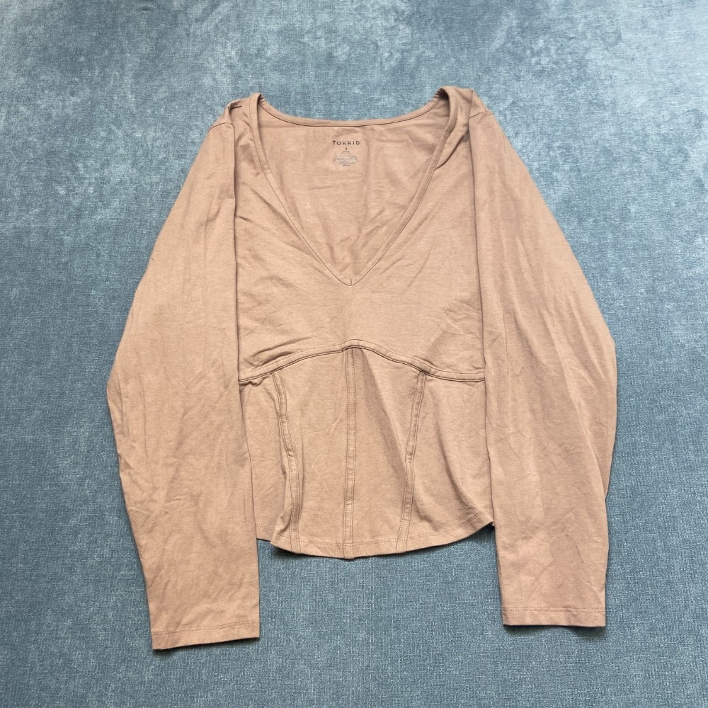 Torrid Foxy Corset Top Womens 3X (22-24) Deep Taupe Stretch V Neck Long Sleeve